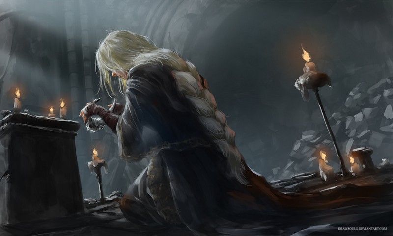 The Flame Maiden kneeling at an altar.
